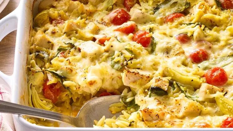Easy Baked Chicken and Artichoke Orzo Casserole Recipe You Can Make in 30 Minutes
